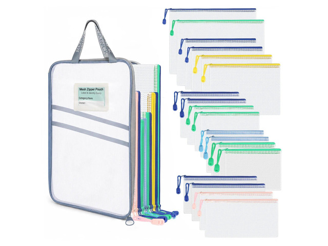 18-Pack Mesh Zipper Pouch Set with 1 Organizer Bag, 19pcs A4 A5 A6 Bill B6 Translucent PVC Pouches for Multi-Size Categorized Storage Receipts...