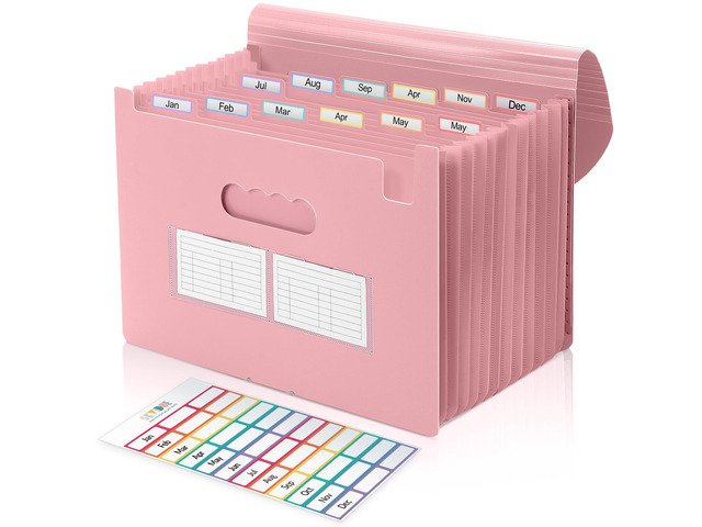 Accordion File Organizer, Expanding File Folder with 13 Pockets, Portable Document Paper Bill Receipt Organizer, Home School Pink Office Supplies,...