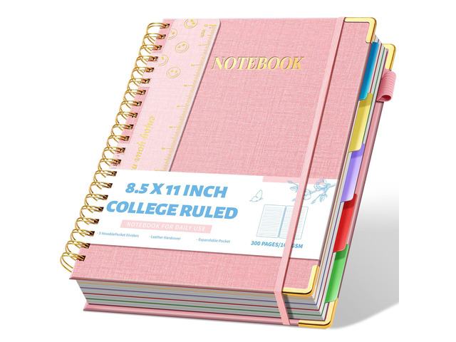 5-Subject Hardcover Spiral Notebook, 8.5' x 11', College Ruled 300 college-ruled pages, 100 GSM paper, 5 removable dividers, inner pocket and...