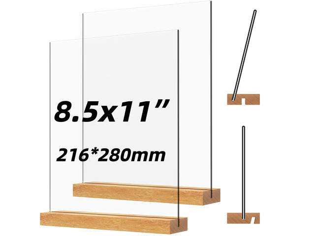 Acrylic Sign Holder with Wood Base 8.5x11 Inch Vertical and Slant Displays (2 Pack 8.5*11')