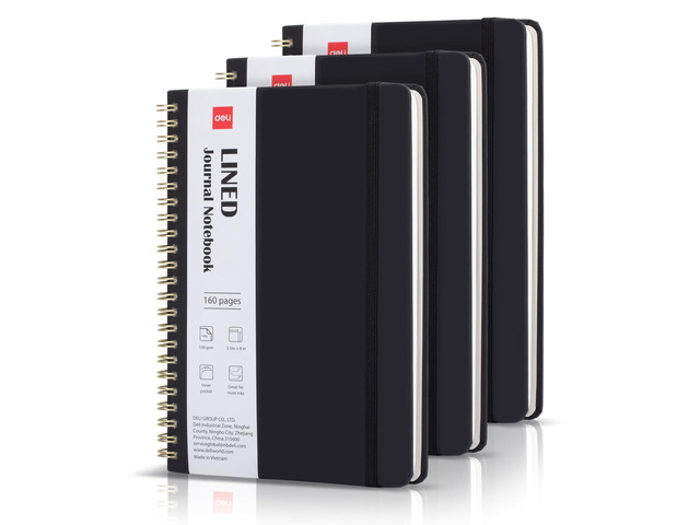 3-Pack Lined Spiral Journal Notebook Black, 160 Pages, A5 (5.5'x8') Hardcover Writing Notebook, College Ruled Spiral Bound Journal for Women & Men...