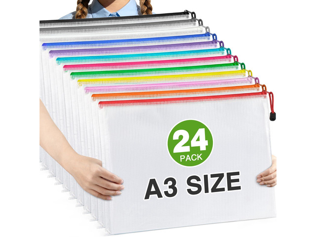 24 Pack A3 Mesh Zipper Bags, 16.9x12.4 12 Colors Storage Pouches Reusable A3 Storage Bags Hold Puzzle Pieces, Board Games, Toys and Crafts; 12...