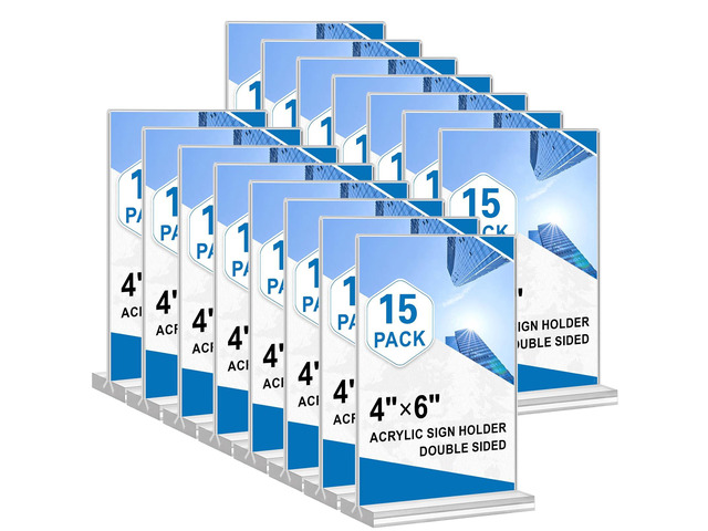 Acrylic Sign Holder 4x6, 15 Pack Clear Double Sided Menu Vertical Display Stand, Desktop Paper Holder Suitable for Restaurants, Office, Store, Show...