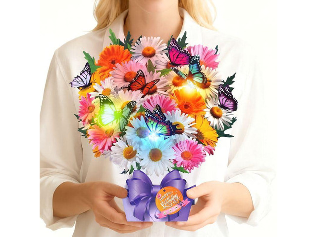 Birthday Cards, Butterfly & Daisy Birthday Card with Music and Light, Flower Bouquet 3D Card for Women Mom Wife