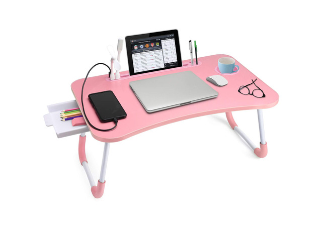 Bed Desk for Laptop and Writing with Storage, Cup Holder, Light Fan, Pen Holder,Tablet Holder,Foldable, for Bed, Couch, Floor, Portable,Pink