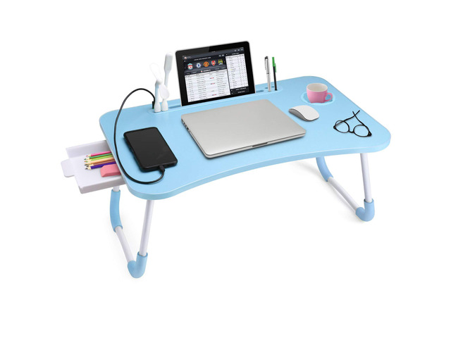 Bed Desk for Laptop and Writing with Storage, Cup Holder, Light Fan, Pen Holder,Tablet Holder,Foldable, for Bed, Couch, Floor, Portable, Blue