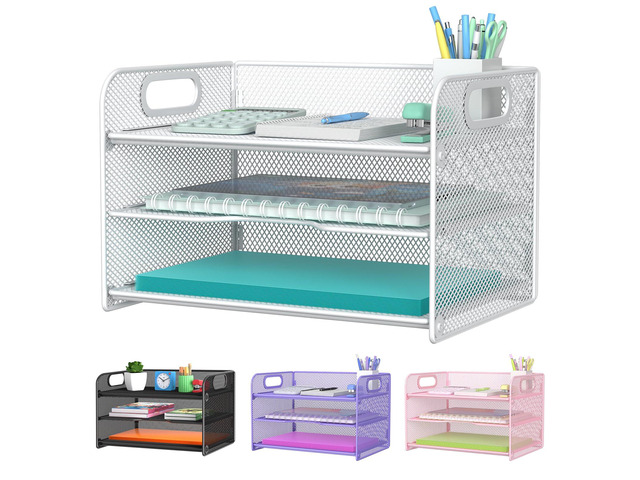 3 Tier White Letter Tray Paper Organizer with Handle, Mesh Desk Organizer Paper Sorter File Rack Shelves, White