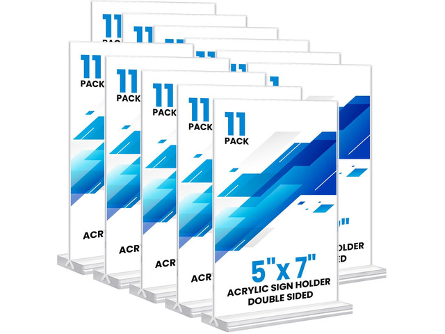 Acrylic Sign Holder 5x7, 11 Pack Clear TableTop Sign Holder-Sided, Plastic Flyer Display Holder with Vertical Base, Clear Flyer Stand Menu Table...