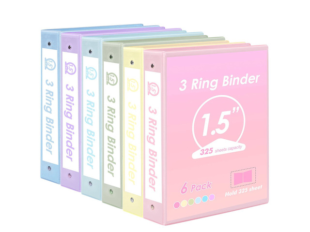 6 Pack 3 Ring Binders 1.5 inch, Three Round Ring 1.5'' Binders with 2 Pockets Interior, 6 Assorted Pastel Color, Fits 8.5'' x 11'' Letter Size...