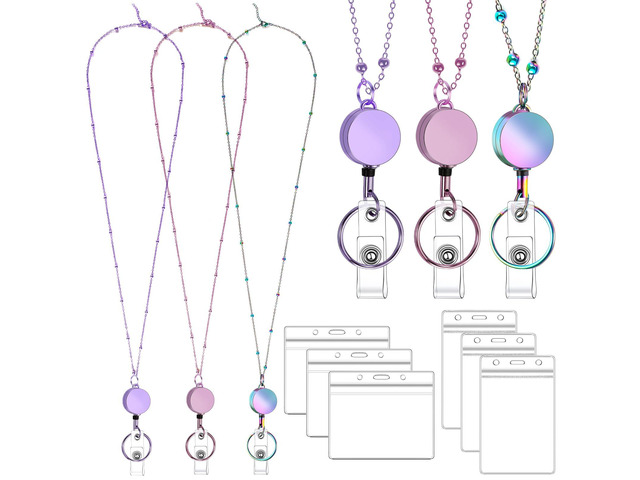 3 Pack Badge Lanyards with Retractable Reels and 6 Id Holders Stainless Steel Lanyards, 33.5 In Length, 13.5 In Retractable Reel, Waterproof...