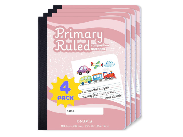 Pink Primary Composition Notebook 4 Pack, Picture Space, 200 Pages 100 ct, 9.75 x 7.5 in, Primary Journal Grades K-2, Picture Space, Writing...