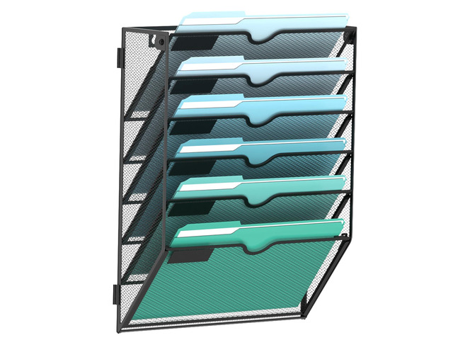 6-Tier Wall File Organizer, Hanging File Holder, Wall Mounted Mail Sorter Metal Mesh Hanging File Organizer with Open Compartments and Label Panels...