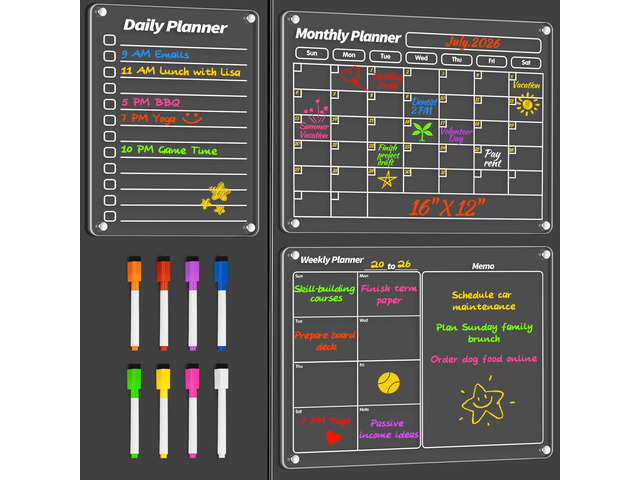 Magnetic Calendar, Dry Erase Calendar for Fridge, Whiteboard, 3 Pcs Acrylic Calendar for Fridge, Use with Dry Erase Monthly Plans, Meal Notes,...