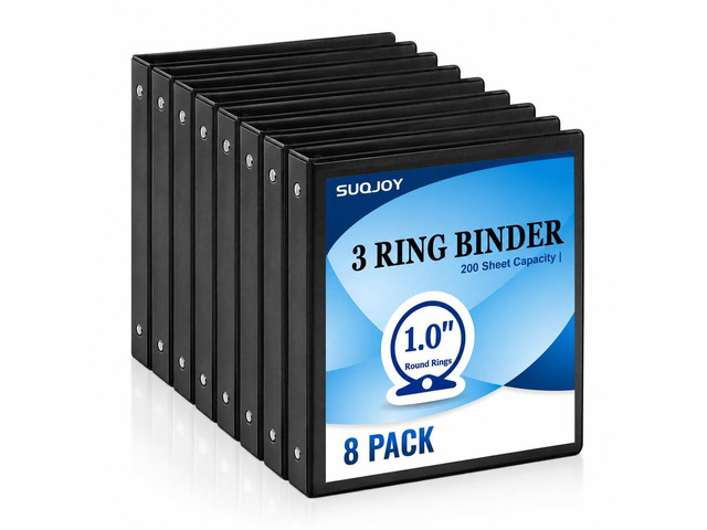 1-inch 3-Ring Binder, 1' Round Ring Binder with 2 Inside Pockets, 8 Pack Black Binders, Clear View Cover, Holds 8.5'' x 11''Paper for...