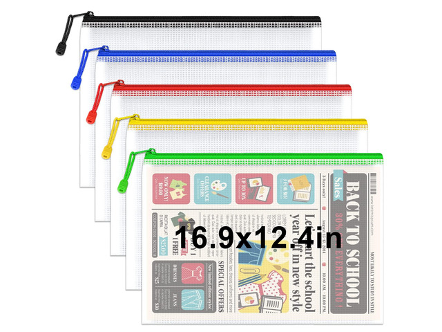 5 Pack A3 Heavy Duty Mesh Zipper Bags, Large Artwork Storage Pouches Heavy Duty A3 Bags Protect Artwork, Documents and Projects; Large Size, 5...