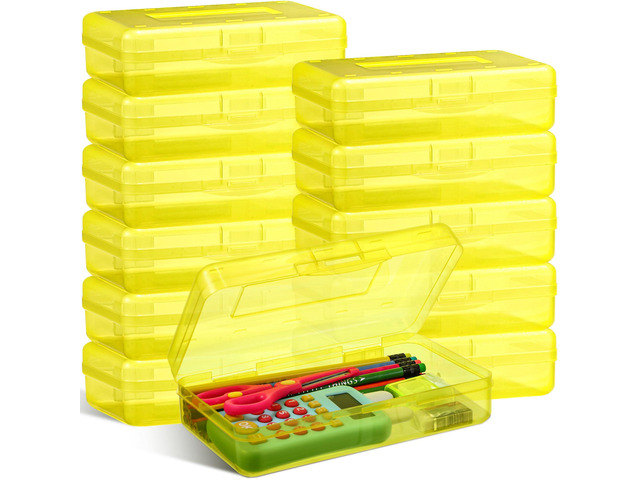 24 Pack Clear Plastic Pencil Box,Yellow Stackable Organizer for School Supplies, Large Case for Crayons Markers, Snap-lid Keeps Stationery Secure,...