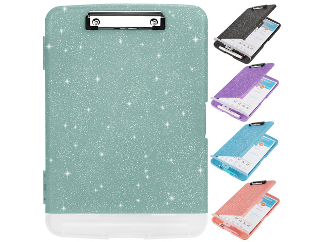 Glitter Clipboard with Storage,Storage Clipboard with Pen Holder,A4 Binder Clip Boards 8.5x11 with Low Profile Clip,Side Opening Sparkle...