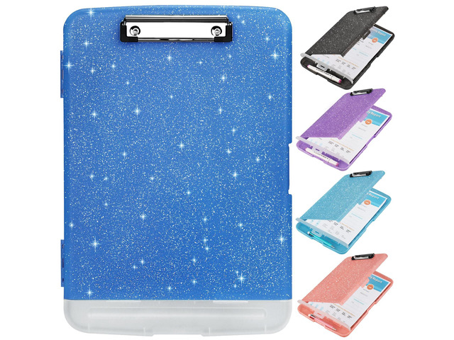 Glitter Clipboard with Storage,Storage Clipboard with Pen Holder,A4 Binder Clip Boards 8.5x11 with Low Profile Clip,Side Opening Sparkle...