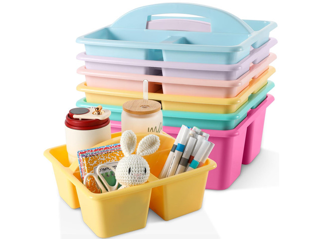 6 Pack Plastic Classroom Organizer Caddy with Handle, Pastel 3 Compartment, Portable Supply Storage Caddy, Craft Art Caddies for Pencil, Crayon,...