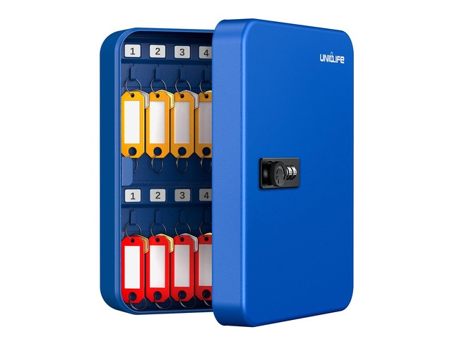 28 Keys Steel Key Cabinet with Resettable Code Blue Wall Mounted Key Organizer with Combination Lock Digital Security Box with Hooks and Large Key...
