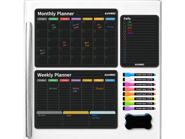 Magnetic Calendar for Refrigerator, Black Fridge Calendar 3-Pack Dry Erase Calendar with Monthly Weekly Daily Planner, Nano-Tech Surface, 17'x12'...