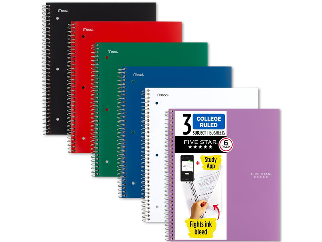 Spiral Notebooks Plus Study App, 6 Pack, 3 Subject, College Ruled Paper, 11' x 8-1/2', 150 Sheets, Black, Red, Green, Blue, White, Purple (73930)