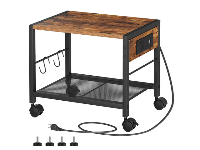 Industrial Printer Stand, 2-Tier Mobile Printer Table, Rolling Cart with Power Outlets and USB Ports, Home Printer Stand with 2 Hooks, for Office,...