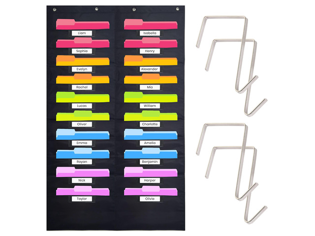 Heavy Duty Storage Pocket Chart for Classroom, 20 Pocket Storage Organizer with 4 Over-Door Hangers, Hanging Wall Organizer for File Folders,...