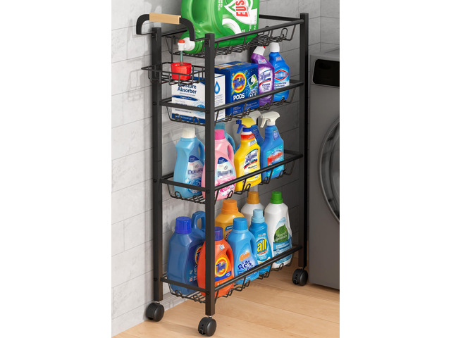 4 Tier Laundry Room Cart with Top Detergent Holder, Pure Black Metal Rolling Storage Cart, Fits between Washer and Dryer, Narrow Laundry Room...