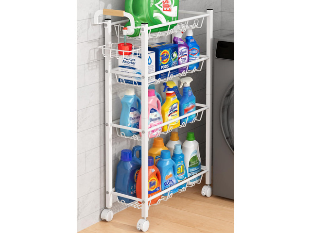 4 Tier Laundry Room Cart with Top Detergent Holder, White Metal Rolling Storage Cart, Fits between Washer and Dryer, Narrow Laundry Room...