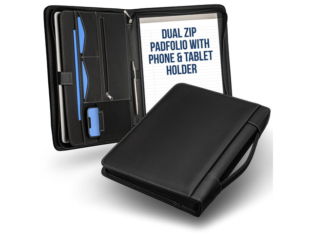 Black Zipper Padfolio Portfolio Binder w/Carrying Handle Organizer for Documents, iPad, Tablet, Notebook Business Leather Binder for Men Women...