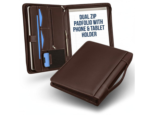 Walnut Zipper Padfolio Portfolio Binder w/Carrying Handle Organizer for Documents, iPad, Tablet, Notebook Business Leather Binder for Men Women...