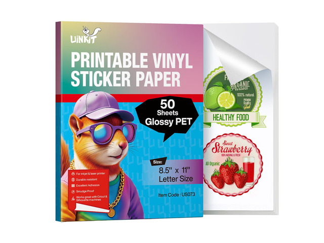 Glossy Printable Vinyl Sticker Paper Letter Size 8.5x11' 50 Sheets Tear-Resistant & Waterproof with Inkjet/Laser Printers & Cricut, for Small...