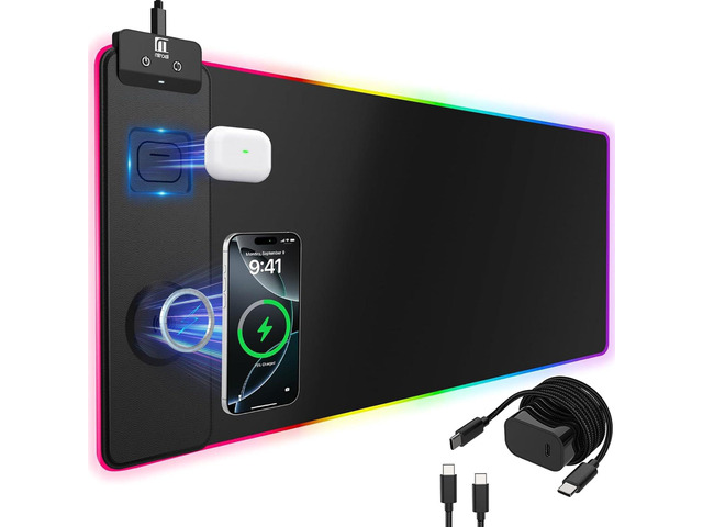 Mouse Pad with Magnetic Wireless Charging, Large Desk Pad Protector, RGB Black Desk Mat with 15W Fast Charger, Non-Slip Waterproof Mousepad for...
