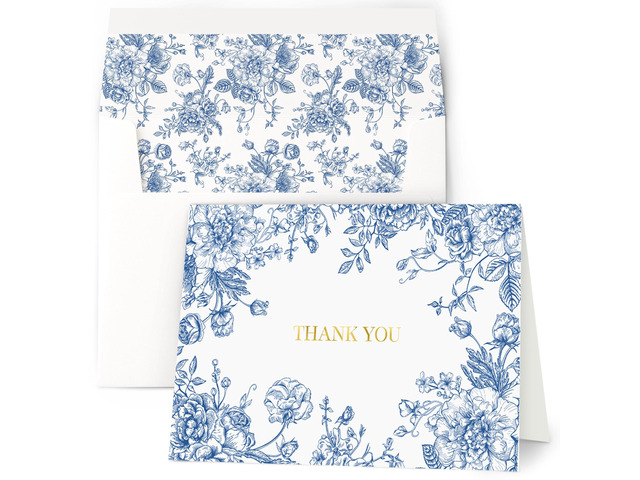 Thank You Cards with Envelopes, Gold Foil Blue Floral 50 Pack 4x6 Greeting Notes with Matching Adhesive Envelopes - Perfect for Wedding, Bridal &...
