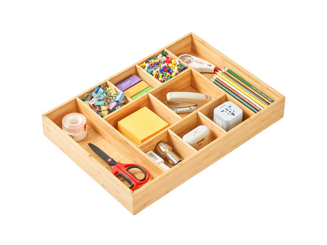 Extra Large Bamboo Desk Drawer Organizer, Wood Junk Organizer Tray with Adjustable Dividers, Anti-Skip Storage Organization in Office Bathroom...