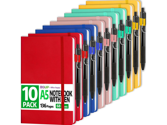 10 Pack Lined Journal Notebook with Pen, A5 Hardcover Leather Journal 5.5'*8.3', 5 Colors 136 Pages College Ruled Notebooks and Pen Set for Office...