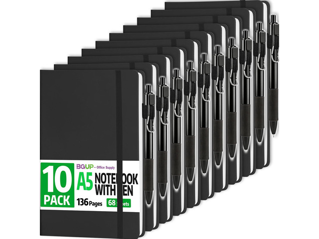 10 Pack Lined Journal Notebook with Pen, A5 Hardcover Leather Journal 5.5'*8.3', Black 136 Pages College Ruled Notebooks and Pen Set for Office...