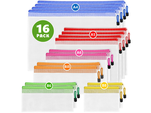 16 Pack Assorted Sizes Plastic Mesh Zipper Pouches for Storage & Organize Board Games - Puzzles - Documents - Bills - School and Office Supplies -...