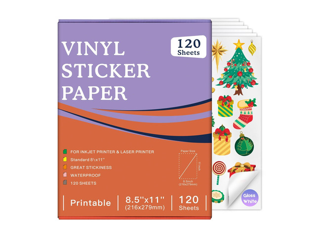 Printable Vinyl Sticker Paper for Inkjet Printers, Glossy White 8.5X11 Inches 120 Sheets, Quick-Drying, Vivid Colors, Water-Resistant Vinyl,...