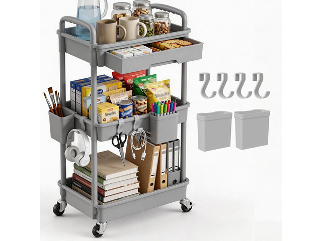 3 Tier Rolling Utility Cart with Drawer, Plastic Storage Organizer Rolling Carts with Wheels Handles Hanging Cups Hooks for Office, Bathroom,...