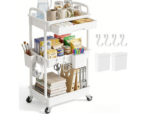 3 Tier Rolling Utility Cart with Drawer, Plastic Storage Organizer Rolling Carts with Wheels Handles Hanging Cups Hooks for Office, Bathroom,...