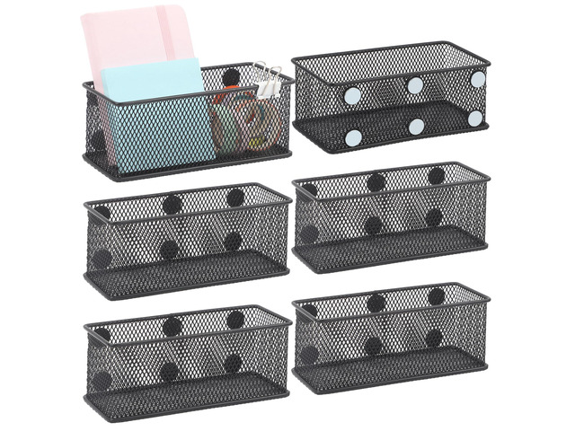 Magnetic Pencil Holder Set of 6 - Black Wire Mesh Storage Baskets Organizer with Strong Magnets - Perfect for Whiteboard, Refrigerator and Locker...