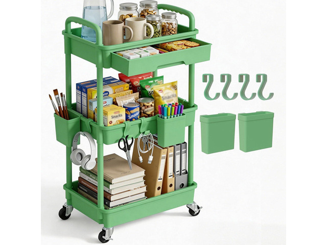 3 Tier Rolling Utility Cart with Drawer, Plastic Storage Organizer Rolling Carts with Wheels Handles Hanging Cups Hooks for Office, Bathroom,...