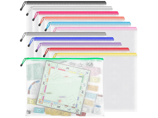 12 Pack A3 Mesh Zipper Pouch Bags, Board Game Storage Organizer Large Reusable A3 Pouches Hold Puzzles, Board Games and Crafts; 12 Color Coding...