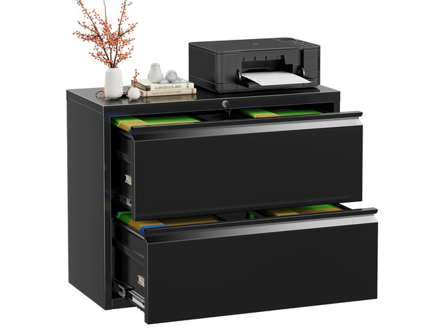 Lateral File Cabinet 2 Drawer, Black Metal File Cabinets for Home Office, Locking File Cabinet for Letter/Legal/F4/A4 Size, Easy Assembly