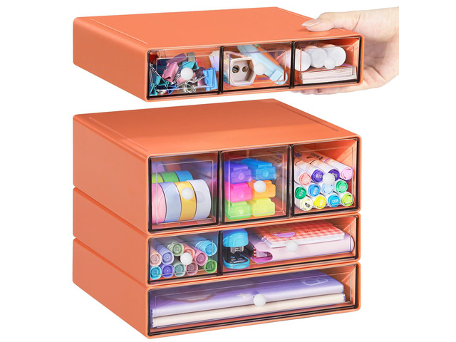 Desk Storage Organizer with 9 Drawers, 4 Tiers Stackable Desktop Craft Storage Drawers, Clear Storage Box Caddy for Stationary Makeup Jewelry...