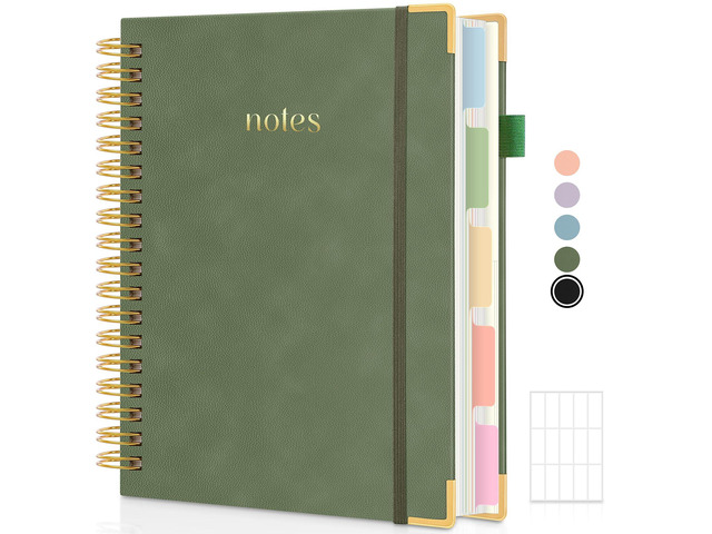 5 Subject Notebook with Dividers and Tabs, 8' x 10' College Ruled Notebook for Work, 300 Pages Spiral Journal for Women, Green