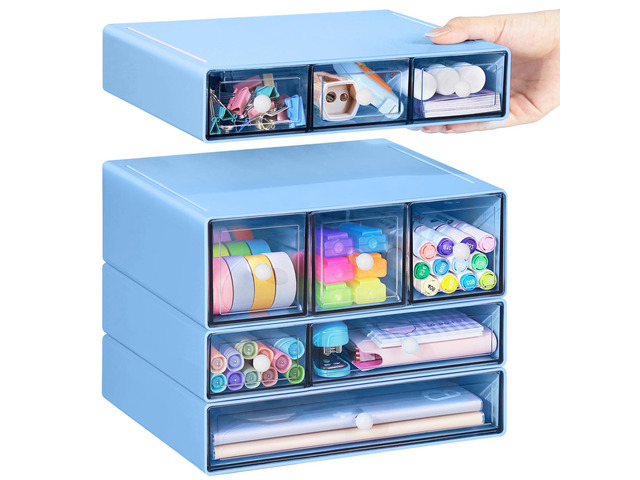 Desk Storage Organizer with 9 Drawers, 4 Tiers Stackable Desktop Craft Storage Drawers, Clear Storage Box Caddy for Stationary Makeup Jewelry...