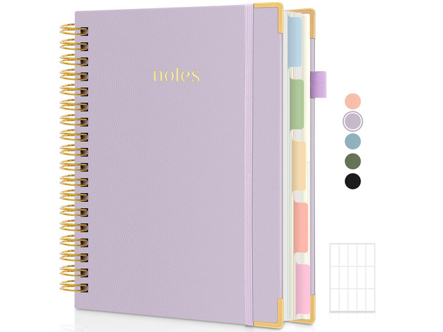 5 Subject Notebook with Dividers and Tabs, 8' x 10' College Ruled Notebook for Work, 300 Pages Spiral Journal for Women, Purple